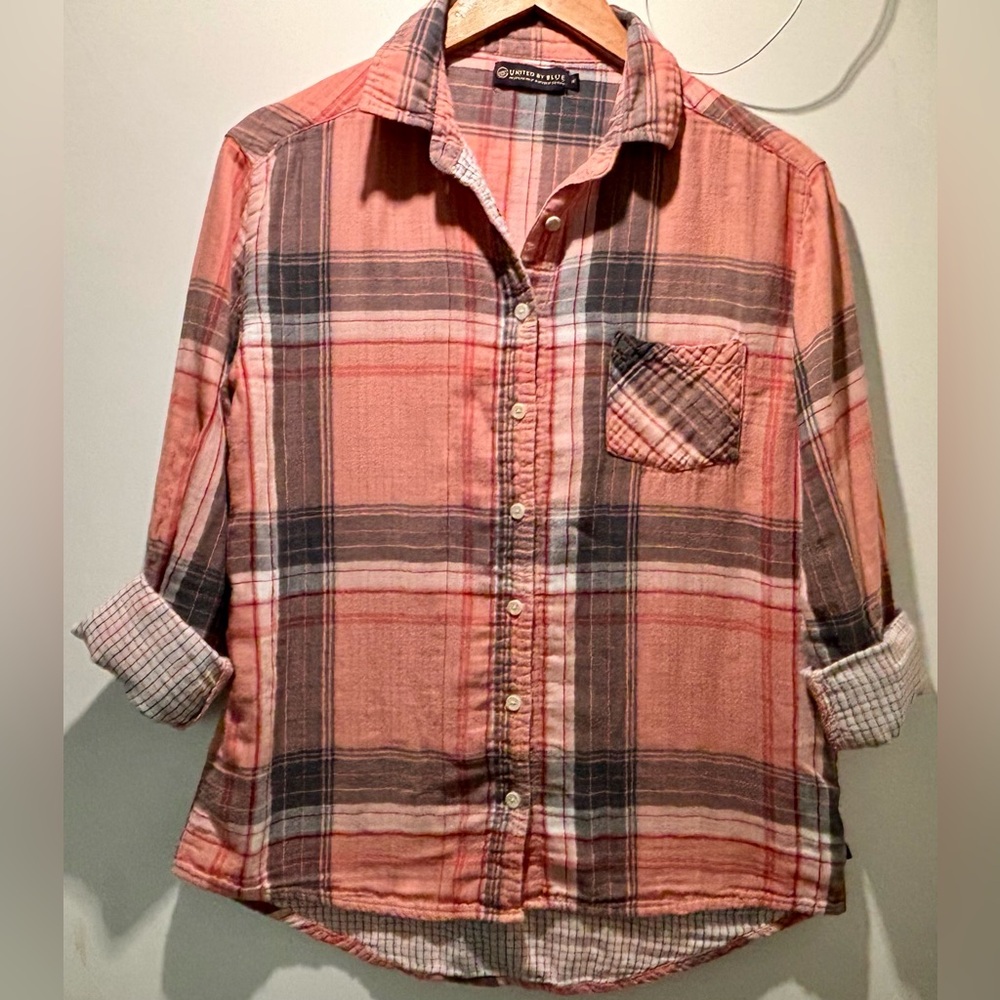 United By Blue Coral and Gray Plaid Shirt